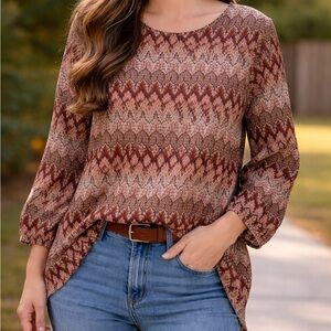 Rafaella Rust and Taupe Zigzag Pattern Long Sleeve Tunic